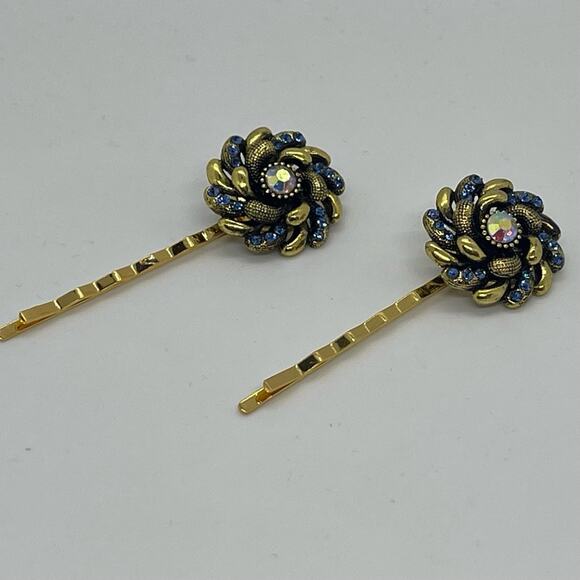 Handmade Blue Iridescent Rhinestone Gold Set Hair Clips HoCo Fairy Jewelry NWT - Picture 3 of 6